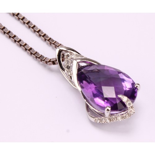 1182 - 9ct white gold Amethyst and Diamond pendant on a fine sterling silver box link chain, pendant is set... 