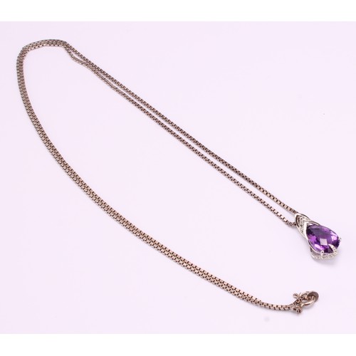 1182 - 9ct white gold Amethyst and Diamond pendant on a fine sterling silver box link chain, pendant is set... 