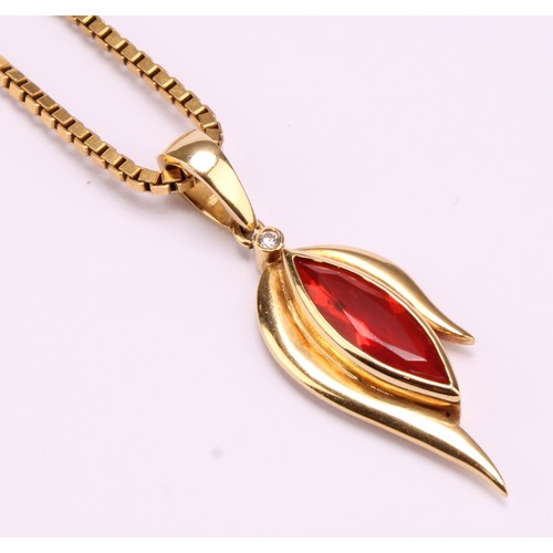 1168 - 18ct gold Fire Opal and Diamond Pendant with fine 9ct gold box link chain, the pendant is set with a... 