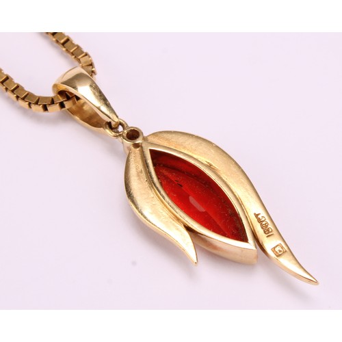 1168 - 18ct gold Fire Opal and Diamond Pendant with fine 9ct gold box link chain, the pendant is set with a... 