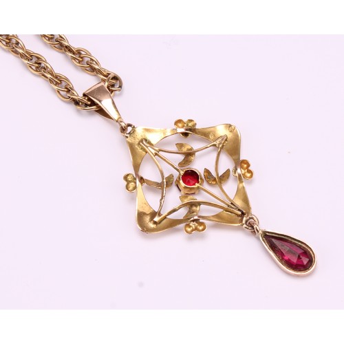 1270 - Unmarked yellow metal Art Nouveau style pendant with 9ct gold chain 
The pendant has a melee round b... 