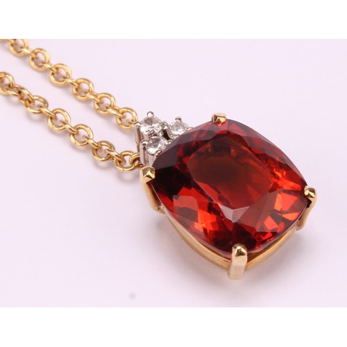 1166 - 18ct gold Citrine and Diamond Pendant with 9ct gold fine chain 
Pendant set with a rectangular cushi... 