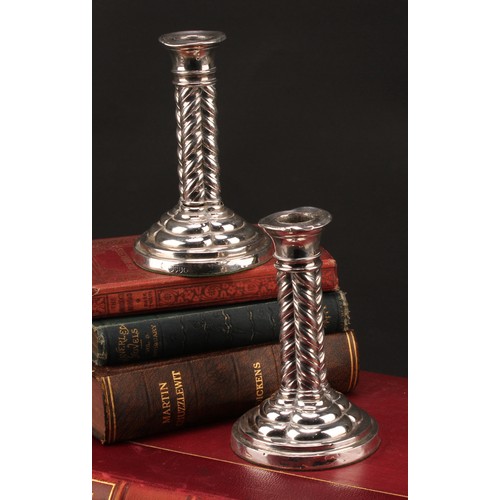 891 - A pair of Victorian Gothic Revival silver cluster column candlesticks, circular bases, loaded, 14.5c... 