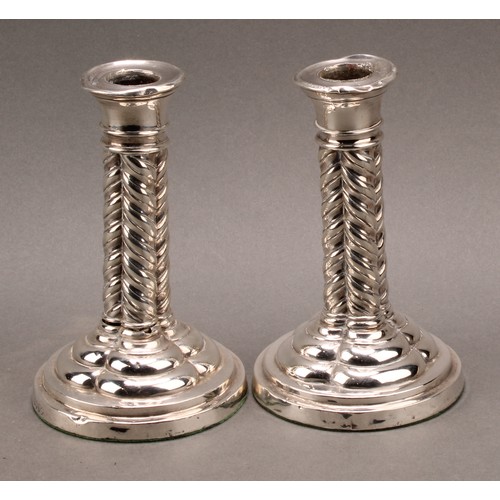 891 - A pair of Victorian Gothic Revival silver cluster column candlesticks, circular bases, loaded, 14.5c... 