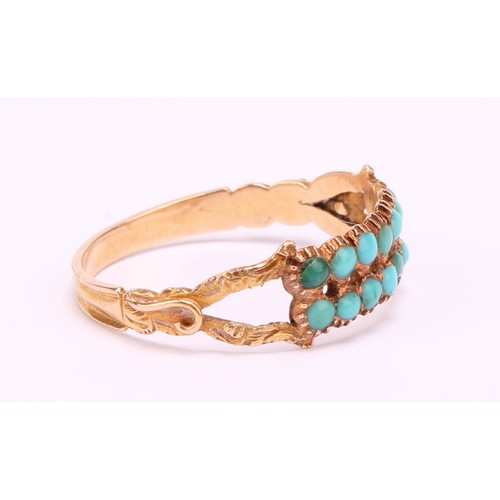 1261 - Tested 14ct gold Turquoise cluster ring,
set with two rows of seven round/oval cabochon blue and gre... 