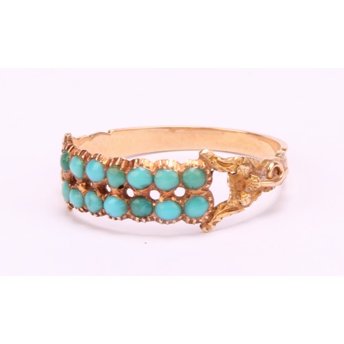 1261 - Tested 14ct gold Turquoise cluster ring,
set with two rows of seven round/oval cabochon blue and gre... 