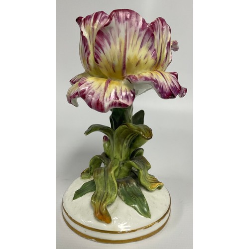 19 - A 19th century English porcelain tulip vase, the open flower raised on a leafy stem, circular gilt l... 