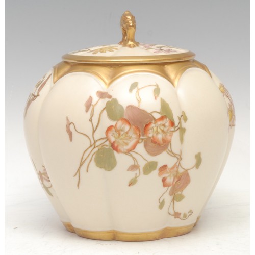 148 - A Royal Worcester lobed ovoid biscuit barrel and cover, decorated with flowers on an ivory ground, d... 