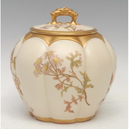 148 - A Royal Worcester lobed ovoid biscuit barrel and cover, decorated with flowers on an ivory ground, d... 