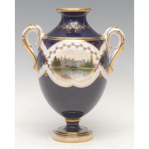 102 - A pair of Mintons named view two-handled ovoid pedestal vases, painted with Windsor Castle and Alton... 