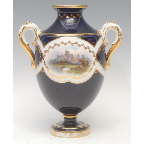 102 - A pair of Mintons named view two-handled ovoid pedestal vases, painted with Windsor Castle and Alton... 