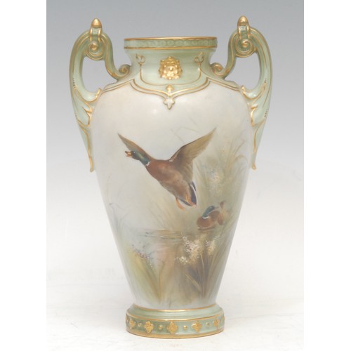 74 - A Grainger’s Worcester two-handled ovoid vase, painted with ducks in a reed bed, probably by James S... 