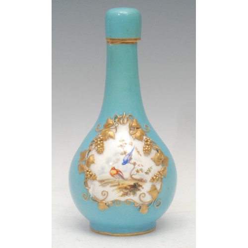 173 - A Derby bottle vase and stopper, painted by Horatio Steele, with exotic birds in a landscape, within... 