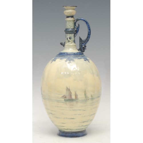 197 - A Royal Crown Derby lobed ovoid ewer, painted in the manner of W.E.J. Dean, with sailing boats again... 