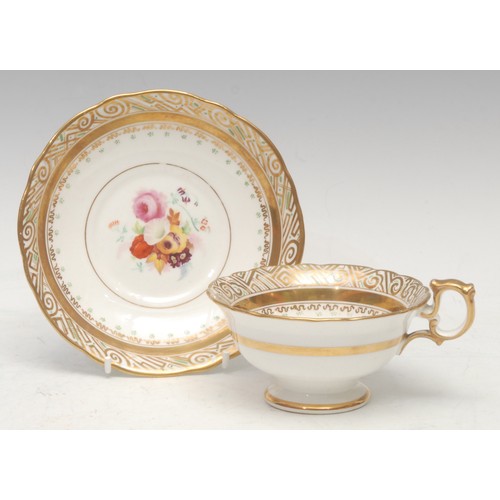 37 - A  Flight Barr Worcester trio, decorated with floral gilt panels over a salmon pink band, shaped mou... 