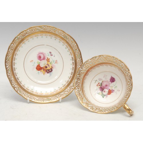 37 - A  Flight Barr Worcester trio, decorated with floral gilt panels over a salmon pink band, shaped mou... 