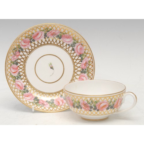 110 - A Samson Hancock Derby porcelain teacup and saucer, painted with pink roses and foliage on a gilt tr... 