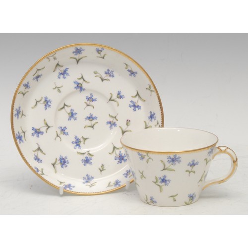 110 - A Samson Hancock Derby porcelain teacup and saucer, painted with pink roses and foliage on a gilt tr... 