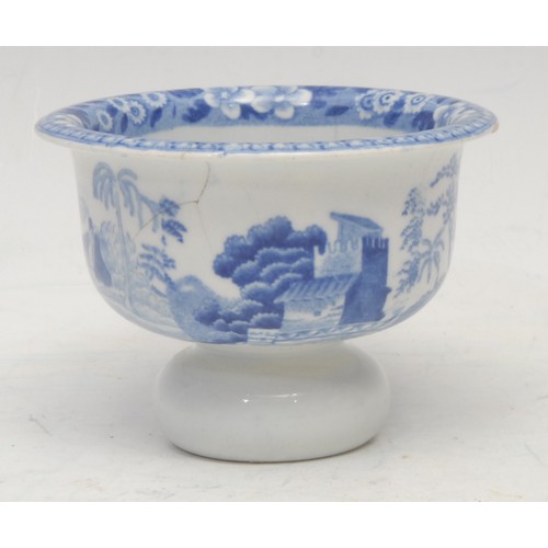 115 - An early 19th century Spode blue and white pap boat, transfer printed with castle ruins, 10.5cm long... 