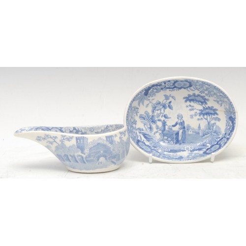 115 - An early 19th century Spode blue and white pap boat, transfer printed with castle ruins, 10.5cm long... 