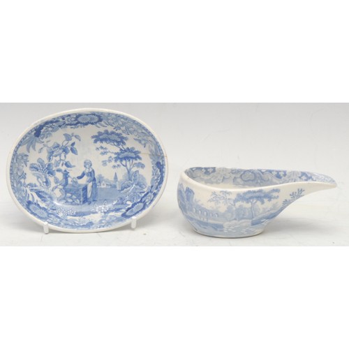 115 - An early 19th century Spode blue and white pap boat, transfer printed with castle ruins, 10.5cm long... 