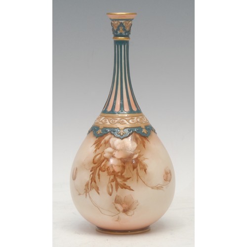 75 - A Hadley's Worcester bottle vase, decorated in sepia with flowers and foliage, fluted neck, moulded ... 