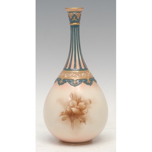 75 - A Hadley's Worcester bottle vase, decorated in sepia with flowers and foliage, fluted neck, moulded ... 