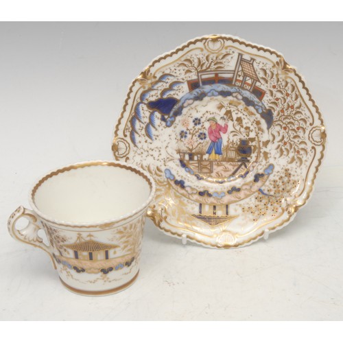 45 - A Chamberlains Worcester chinoiserie coffee cup and saucer, decorated in polychrome with figure in O... 