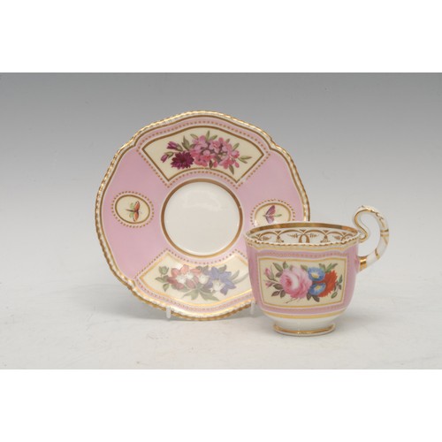 47 - A Chamberlains Worcester cup and saucer, painted with flowers within shaped gilt reserves, highlight... 