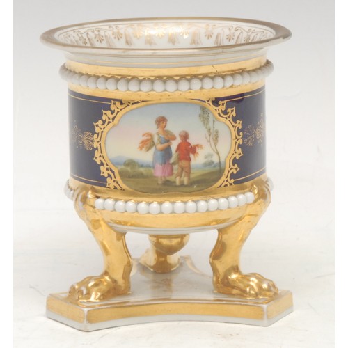 72 - A Flight Barr and Barr urnular vase, painted with wheat harvesters, within gilt shaped cartouches, o... 