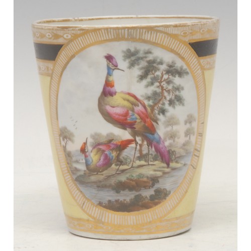 52 - A Chamberlains Worcester lemonade beaker, painted with two exotic birds in landscape, within an oval... 