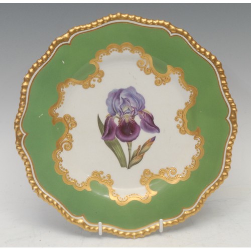 65 - A Flight Barr and Barr shaped circular plate, painted with Iris Germanica, within shaped raised gilt... 