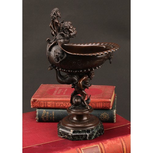 2078 - A 19th century Continental bronze pedestal dish, the everted and gadrooned rim mounted with Bacchus ... 