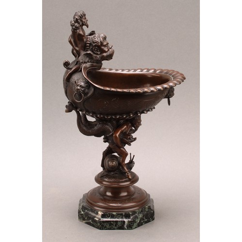 2078 - A 19th century Continental bronze pedestal dish, the everted and gadrooned rim mounted with Bacchus ... 