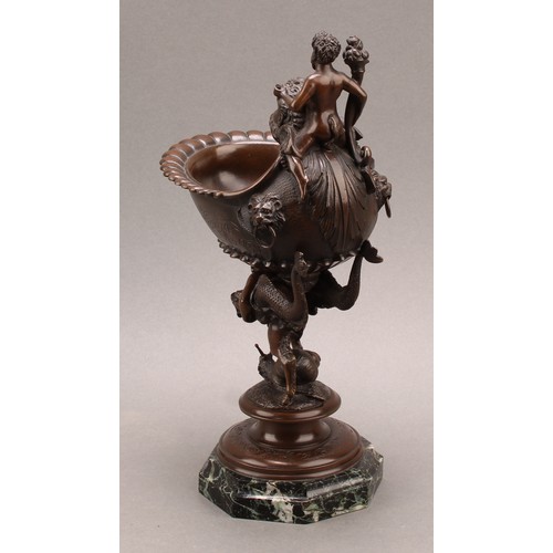 2078 - A 19th century Continental bronze pedestal dish, the everted and gadrooned rim mounted with Bacchus ... 