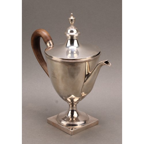 786 - A George III silver pedestal urnular argyle, lofty domed cover with knop finial, fruitwood scroll ha... 