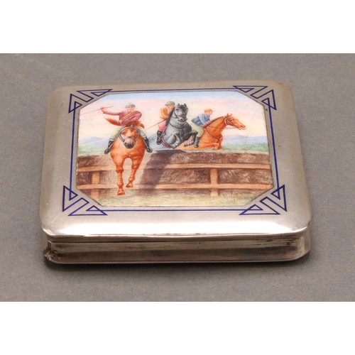 730 - A Continental silver and enamel table snuff box, hinged cover decorated in polychrome with a horse r... 