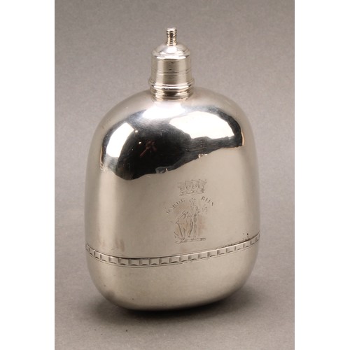 762 - A George II silver travelling flask, screw-fitting cover, stirrup cup or tumbler to base, 13cm long,... 