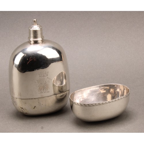 762 - A George II silver travelling flask, screw-fitting cover, stirrup cup or tumbler to base, 13cm long,... 