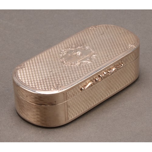 796 - A George III style silver rounded rectangular snuff box, engine turned, hinged cover centred by an a... 