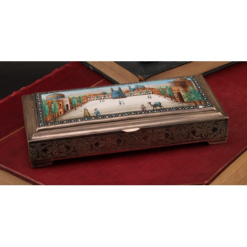 898 - A Persian silver and enamel rectangular cigarette box, hinged cover decorated in polychrome with a v... 