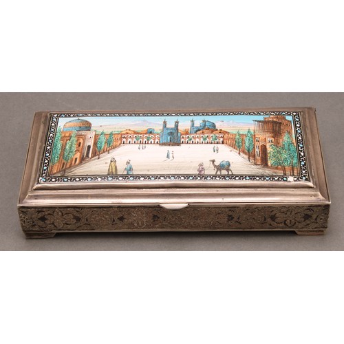 898 - A Persian silver and enamel rectangular cigarette box, hinged cover decorated in polychrome with a v... 