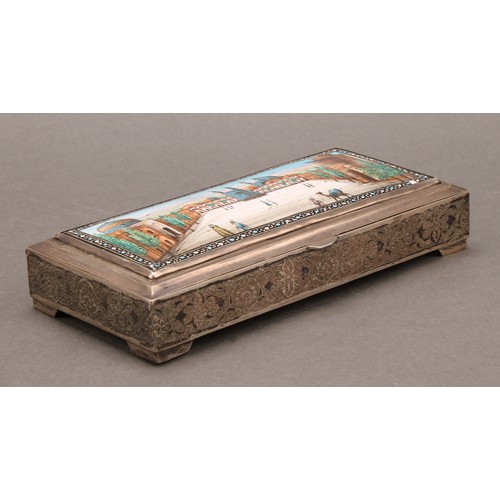 898 - A Persian silver and enamel rectangular cigarette box, hinged cover decorated in polychrome with a v... 