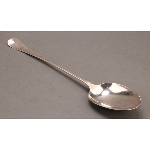 653 - A George I silver Hanoverian pattern basting spoon, rat tail bowl, 33.5cm long, William Toone, Londo... 