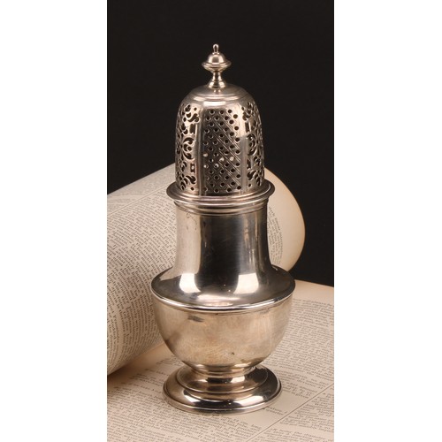 758 - A George II silver pear shaped sugar caster, pierced bell shaped cover with knop finial, domed foot,... 