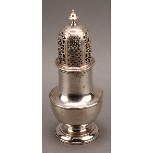 758 - A George II silver pear shaped sugar caster, pierced bell shaped cover with knop finial, domed foot,... 