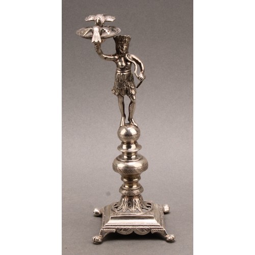 985 - An 18th century silver figural toothpick holder, probably Portuguese, as an Amazonian figure, a pers... 