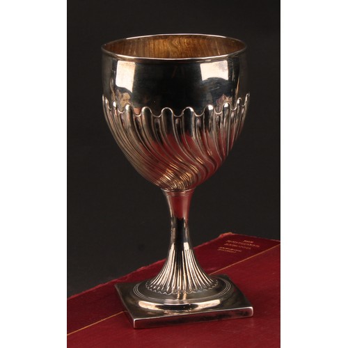 793 - A George III silver wrythen-fluted pedestal goblet, square base, 17.5cm high, George Smith & Thomas ... 