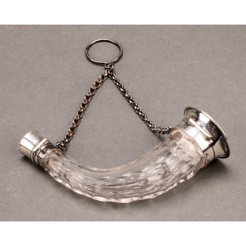 716 - A 19th century silver coloured metal mounted facetted clear glass horn shaped novelty combination vi... 