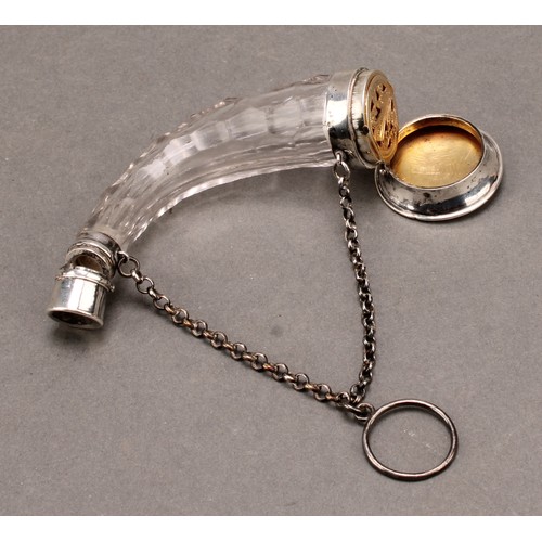 716 - A 19th century silver coloured metal mounted facetted clear glass horn shaped novelty combination vi... 